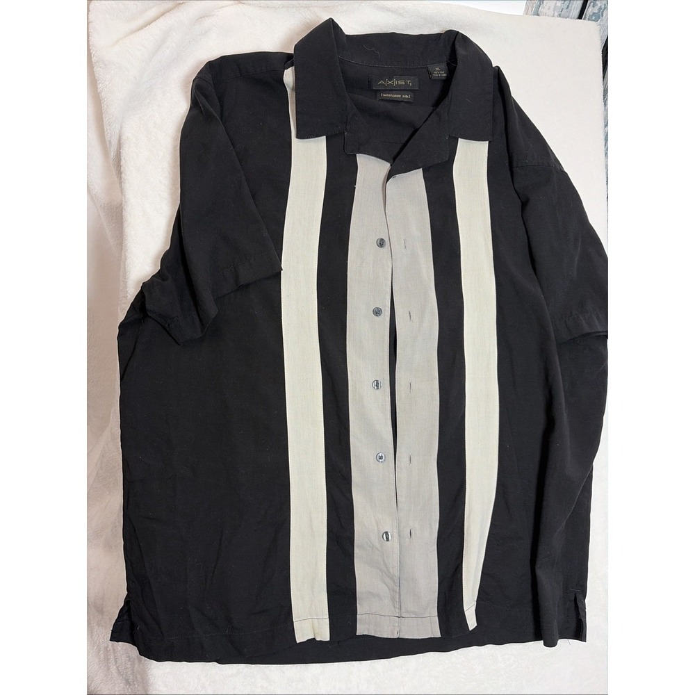 A(X)IST Men's washable Silk Short Sleeve‎ Shirt Size XL Black White Stripes